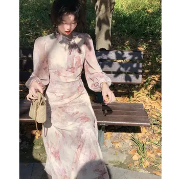 2023 Kevadel Retro Hepburn Naiste Kleidid Korea Fashion Vintage Trükitud Bowtie Pikad Varrukad Vestidos Disain Prom Kleit Outwear Uus