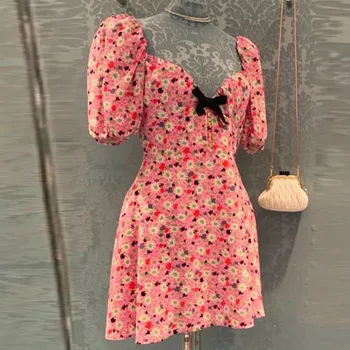 Elegantne Roosa Lilleline Trükitud Vibu Kleit Naiste 2022 Suvel Vintage V-kaeluse, Lühikeste Varrukate Mini Kleit Sifonki