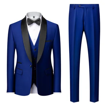 Meeste Ülikond Royal Blue 3 Tükki Mees Business Casual Pulmad Salli Rinnamikrofon Peigmees Tuxedos Komplekt Jakk, Vest Kirjega Püksid