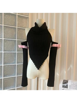 Naiste Must Pullover Kootud Kampsun Harajuku 90s Y2k Maha Õla Pikkade Varrukatega Õhuke kõrge kaelusega Kampsunid Vintage 2000ndate Riided