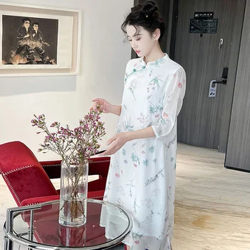 Paranenud Qipao Kleit Suvel 2023 Hiina Vabariik Stiil, mis Hõlmab Kõht Prindi Kunsti Sifonki Tee Kleit Surematu Pikk Kleit Naine